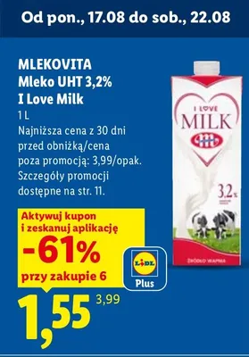 Mleko UHT Mlekovita I Love Milk 3,2% promocja w Lidl