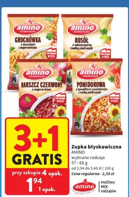 Zupka błyskawiczna Amino pomidorowa z kawałkami pomidorów i natką pietruszki promocja w Intermarche