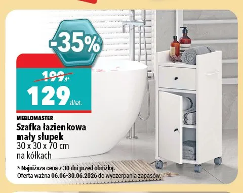 Szafka łazienkowa mały słupek na kółkach Meblomaster 30x30x70 cm promocja w Biedronka Home