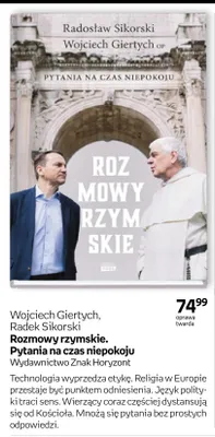 Książka Wojciech Giertych, Radek Sikorski Rozmowy rzymskie. Pytania na czas niepokoju Wydawnictwo Znak Horyzont oprawa twarda promocja w Empik
