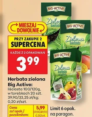 Herbata zielona w torebkach Big Active z pigwą promocja w Biedronka