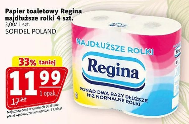 Papier toaletowy Regina najdłuższe rolki 4 szt. promocja w Prim Market