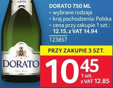 Wino Dorato 750ml wybrane rodzaje kraj pochodzenia: Polska cena przy zakupie 1 szt.: 14.85 z VAT 18.27 przy zakupie 3 szt. promocja w Selgros