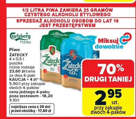 Piwo bezalkoholowe Žatecký 0,0% 4-pak 0,5l promocja w Carrefour Market