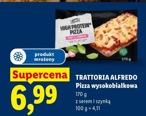 Pizza wysokobiałkowa z serem i szynką Trattoria Alfredo mrożona promocja w Lidl