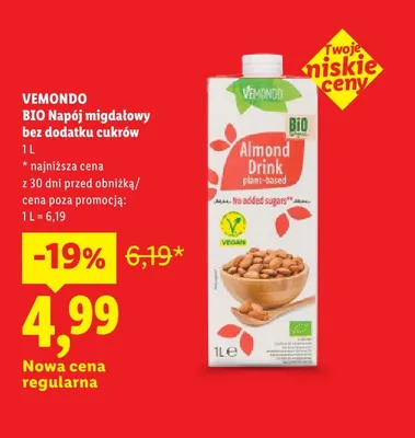 Napój migdałowy bez dodatku cukrów Vemondo promocja w Lidl