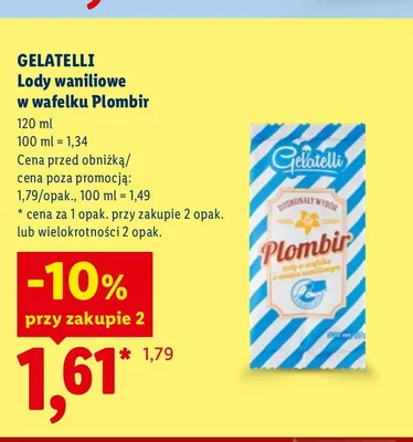 Lody waniliowe w wafelku Plombir Gelatelli promocja w Lidl