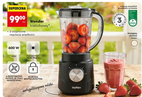 Blender kielichowy Hoffen 600W 2-stopniowa regulacja prędkości pulsacyjny tryb pracy 4-skrzydłowe ostrze ze stali nierdzewnej blokada bezpieczeństwa promocja w Biedronka