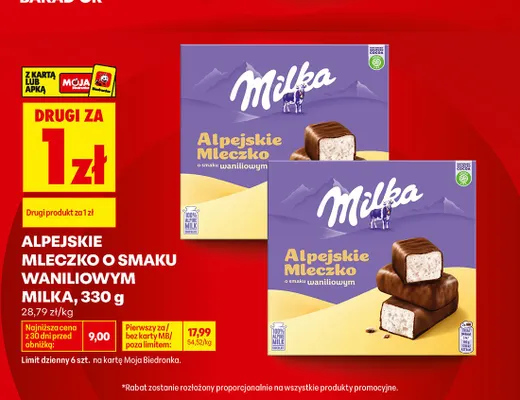 Pianki Alpejskie Mleczko o smaku waniliowym Milka promocja w Biedronka