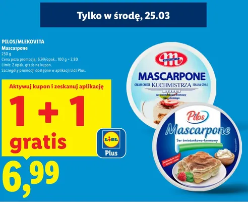 Mascarpone Pilos Mlekovita 250 g promocja w Lidl