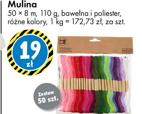 Mulina 50 × 8 m, 110 g, bawełna i poliester, różne kolory, 1 kg = 172,73 zł promocja w Tedi