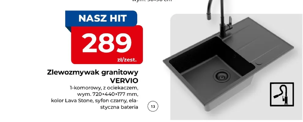 Zlewozmywak granitowy Vervio 1-komorowy z ociekaczem promocja w PSB Mrówka