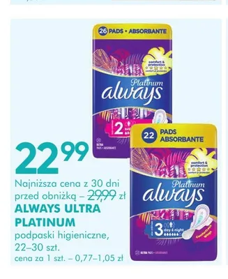 Podpaski higieniczne Ultra Platinum Always promocja w Super-Pharm