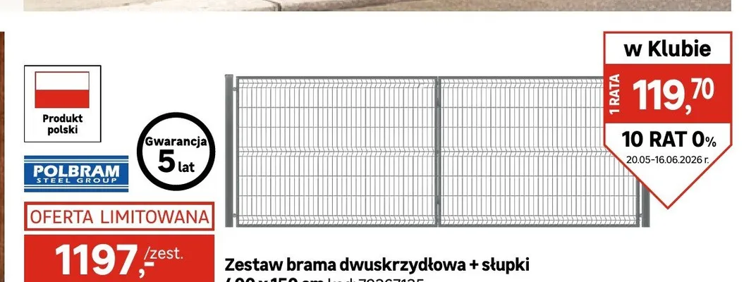 Zestaw brama dwuskrzydłowa + słupki POLBRAM 400x150cm promocja w Leroy Merlin