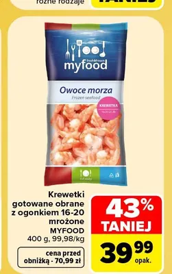 Krewetki gotowane obrane z ogonkiem 16-20 mrożone myFood promocja w Carrefour