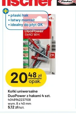 Kołki uniwersalne DuoPower z hakami Fischer 8x40 mm 4-pak promocja w Castorama
