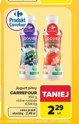 Jogurt pitny Carrefour Classic truskawkowy promocja w Carrefour