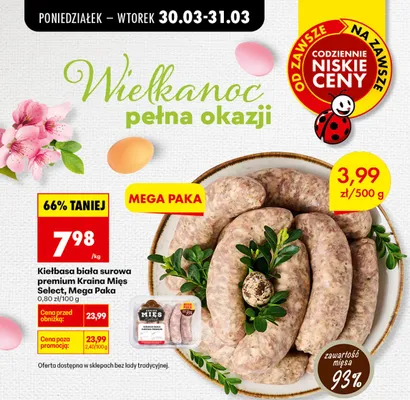 Kiełbasa biała surowa premium Mega Paka promocja w Biedronka