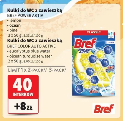 Kulki do WC z zawieszką Bref Power Aktiv lemon 3-pak promocja w Intermarche