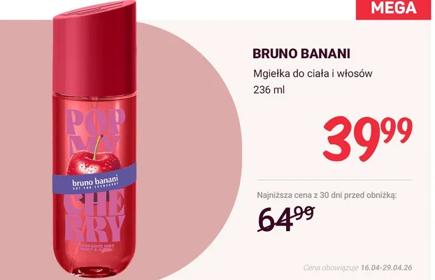 Mgiełka do ciała i włosów Bruno Banani Pop My Cherry promocja w Rossmann