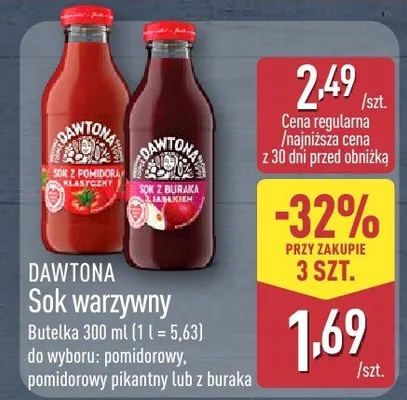 Sok warzywny pomidorowy, pomidorowy pikantny lub z buraka Dawtona promocja w Aldi