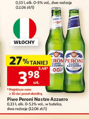 Piwo bezalkoholowe Peroni Nastro Azzurro 0.0% 330ml promocja w Auchan