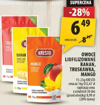 Owoce liofilizowane banan, truskawka, mango promocja w Arhelan