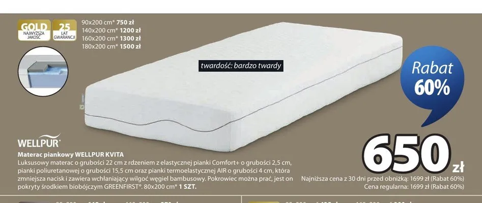 Materac piankowy WELLPUR KVITA 90x200 cm promocja w Jysk