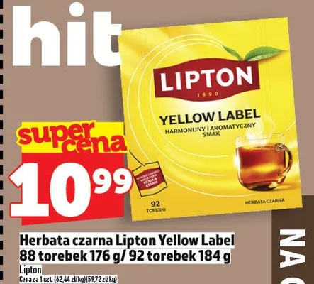 Herbata czarna Lipton Yellow Label 88 torebek promocja w TOPAZ
