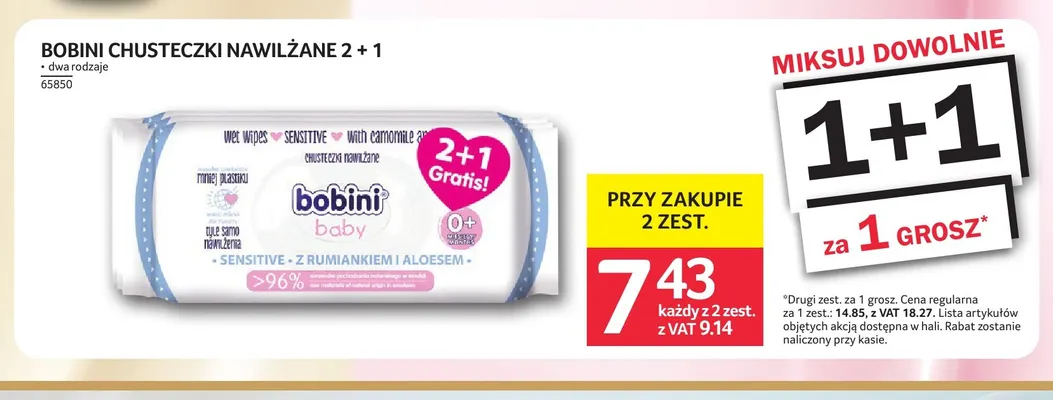 Chusteczki nawilżane 2+1 Bobini promocja w Selgros