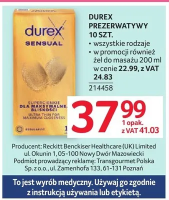 Prezerwatywy Durex Sensual 10 szt. wszystkie rodzaje promocja w Selgros