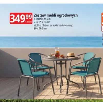Zestaw mebli ogrodowych 4 krzesła ze stali 73x59x54cm stolik z blatem ze szkła hartowanego 80x70,5cm promocja w Leclerc