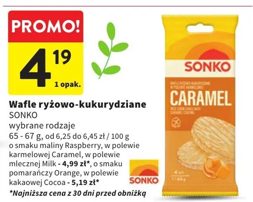 Wafle ryżowo-kukurydziane wybrane rodzaje o smaku maliny Raspberry, w polewie mlecznej Milk, w polewie karmelowej Caramel, w polewie mlecznej Milk, o smaku pomarańczy Orange, w polewie kakaowej Cocoa promocja w Intermarche