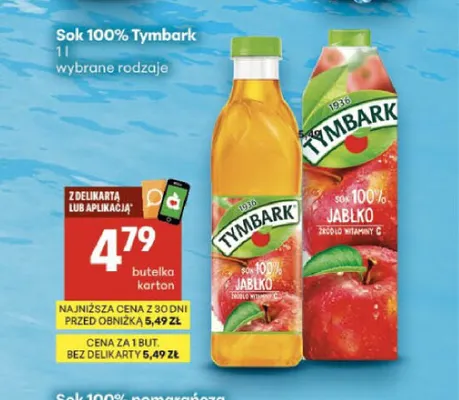 Sok 100% Jabłko Tymbark promocja w Delikatesy Centrum