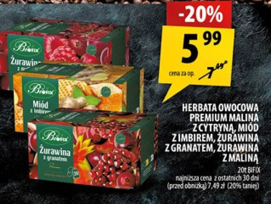 Herbata owocowa Premium malina z cytryną, miód z imbirem, żurawina z granatem, żurawina z maliną promocja w Arhelan