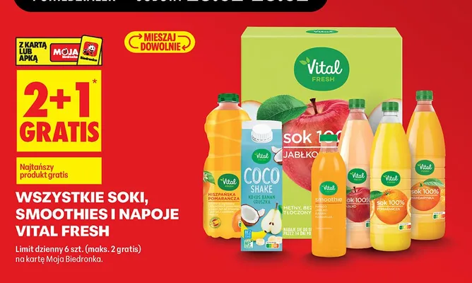 Wszystkie soki, smoothies i napoje Vital Fresh 2+1 GRATIS promocja w Biedronka