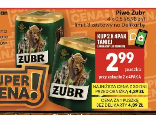 Piwo Żubr 4-pak promocja w Delikatesy Centrum