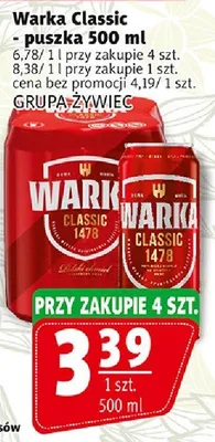 Warka Classic - puszkę 500ml przy zakupie 4 szt. promocja w Prim Market