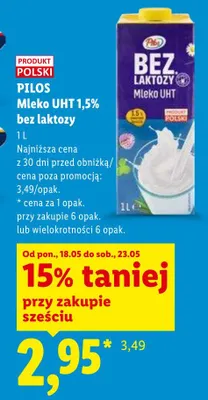 Mleko UHT 1,5% bez laktozy Pilos promocja w Lidl