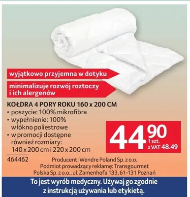 Kołdra 4 Pory Roku 160x200cm promocja w Selgros