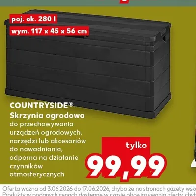 Skrzynia ogrodowa COUNTRYSIDE do przechowywania urządzeń ogrodowych, narzędzi lub akcesoriów do nawadniania, odporna na działanie czynników atmosferycznych poj. ok. 280l wym. 117x45x56cm promocja w Kaufland