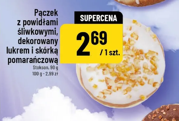 Pączek z powidłami śliwkowymi, dekorowany lukrem i skórką pomarańczową promocja w POLOmarket