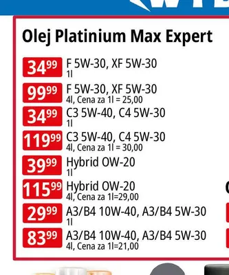 Olej silnikowy Orlen Oil Platinium Max Expert A3/B4 10W-40 / A3/B4 5W-30 1 l promocja w Leclerc