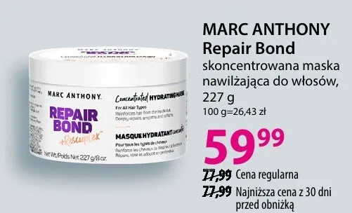 Maska MARC ANTHONY Repair Bond skoncentrowana nawilżająca do włosów 227g promocja w Hebe