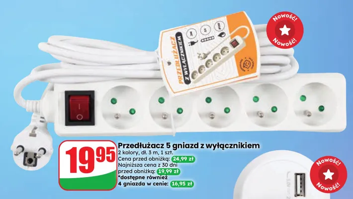 Przedłużacz z wyłącznikiem 6 gniazd promocja w Dino