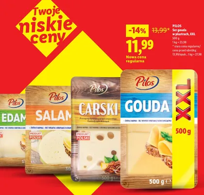Ser gouda w plastrach XXL Pilos promocja w Lidl