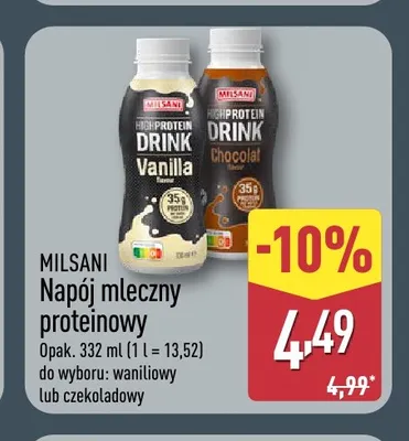Napój mleczny proteinowy czekoladowy Milsani promocja w Aldi