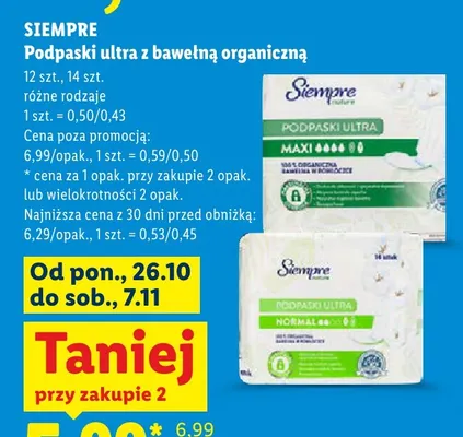 Podpaski ultra z bawełną organiczną Siempre Maxi promocja w Lidl