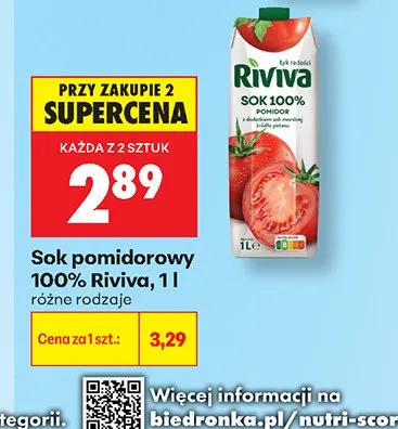 Sok pomidorowy 100% Riviva promocja w Biedronka