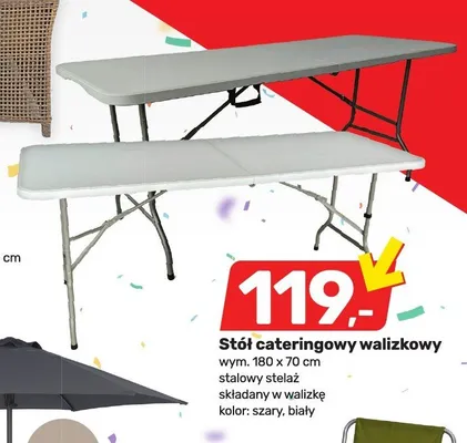 Stół cateringowy walizkowy wym. 180x70cm stalowy stelaż składany w walizkę szary promocja w Bricomarche